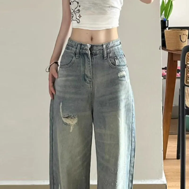 レトロな女性のハイウエストルーズストレートリッピングホールバギージーンズ女性のファッションストリートウェアブルーデニムパンツ