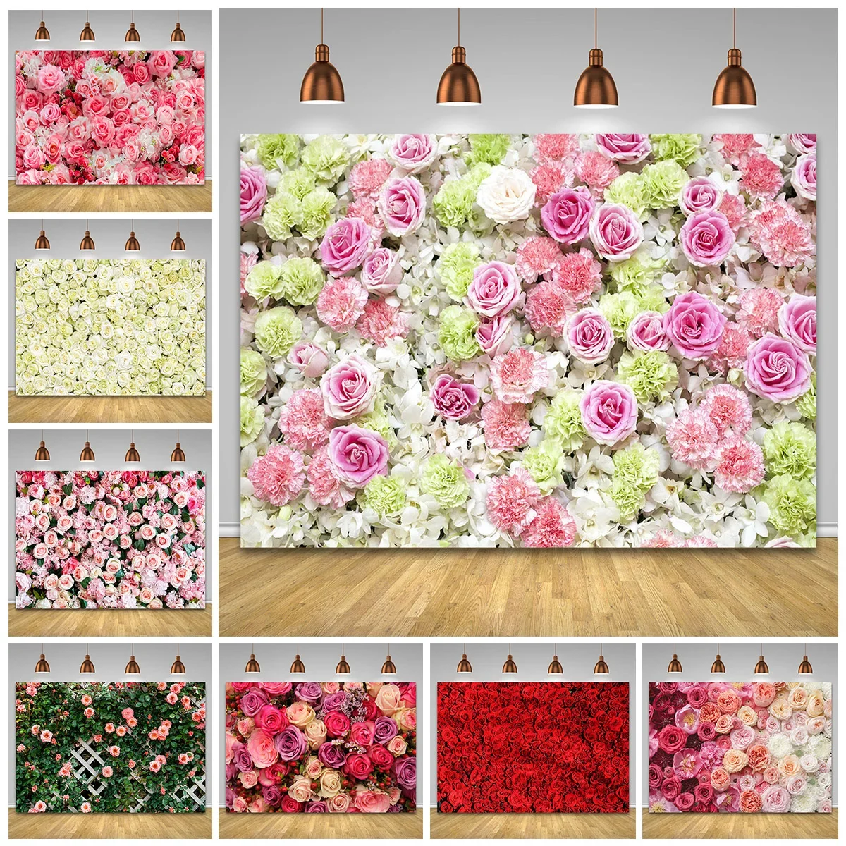 Spring Floral Backdrop Rose Pink White Flowers Wall Backgrounds for Engagement Wedding Children Birthday Party Decor Photophone