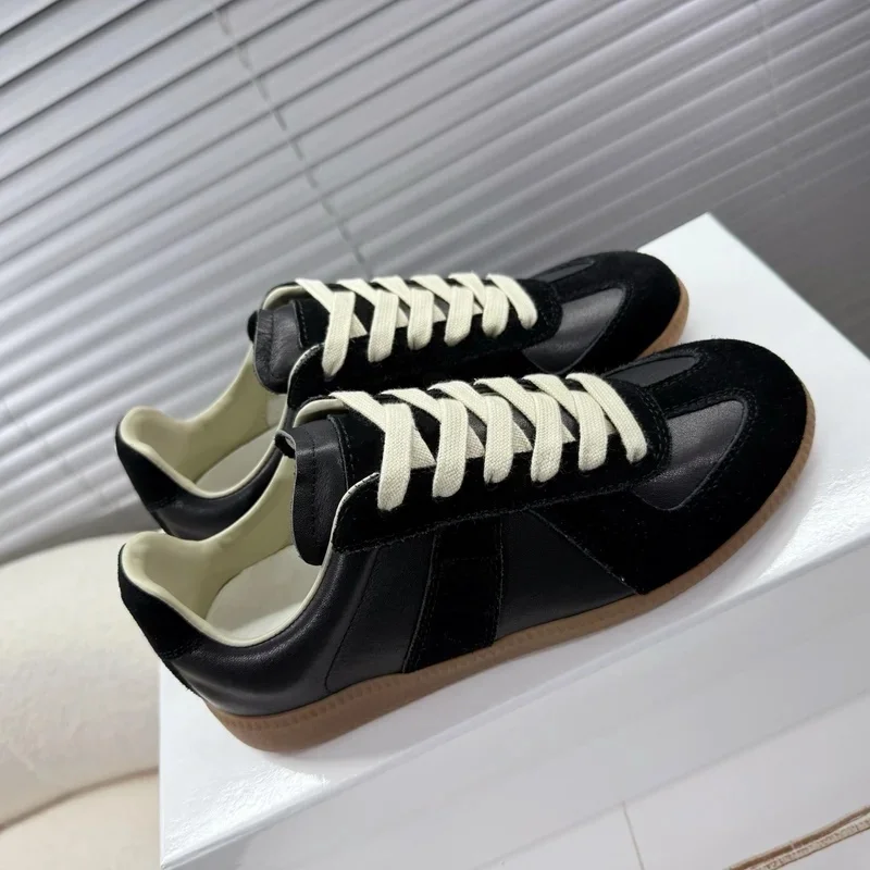 2026 Spring Unisex Vintage German Trainer Sneakers Leather Suede Patchwork Round Toe Lace‑Up Lovers Walking Shoes For Men Women