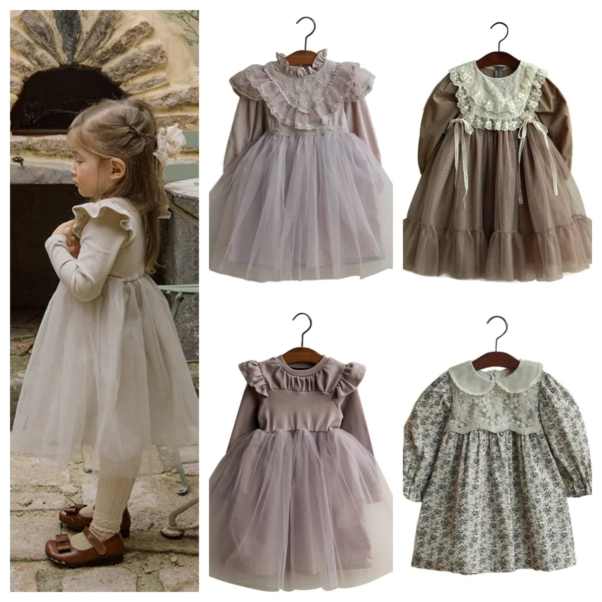 Kids Dresses for Girls 2024 Autumn New Kids Girl Princess Long Sleeve Lace Cute Print Dress Baby Girl Dress