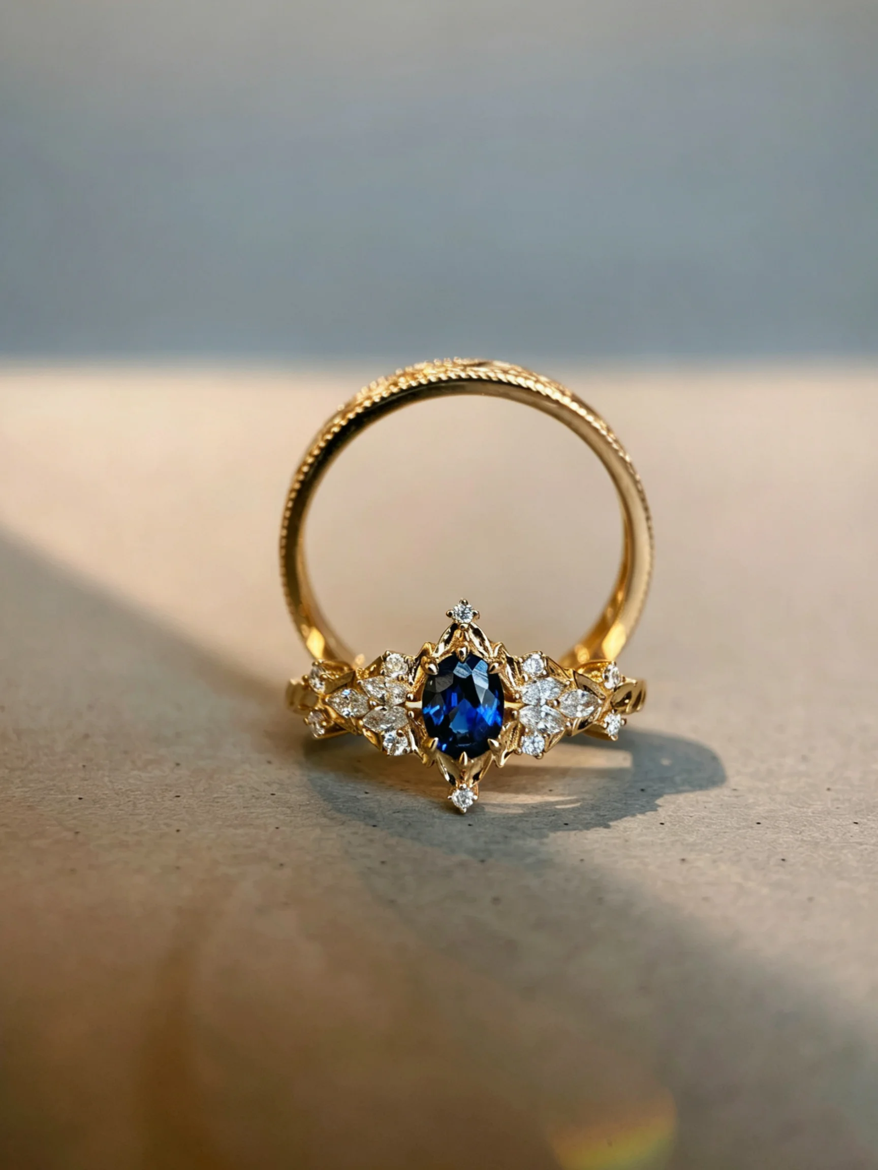 S925 Silver Plated 18K Gold Vintage Sapphire & Lab Grown Diamond Stackable Ring Set, Victorian Carved Pattern Two‑Piece Engageme