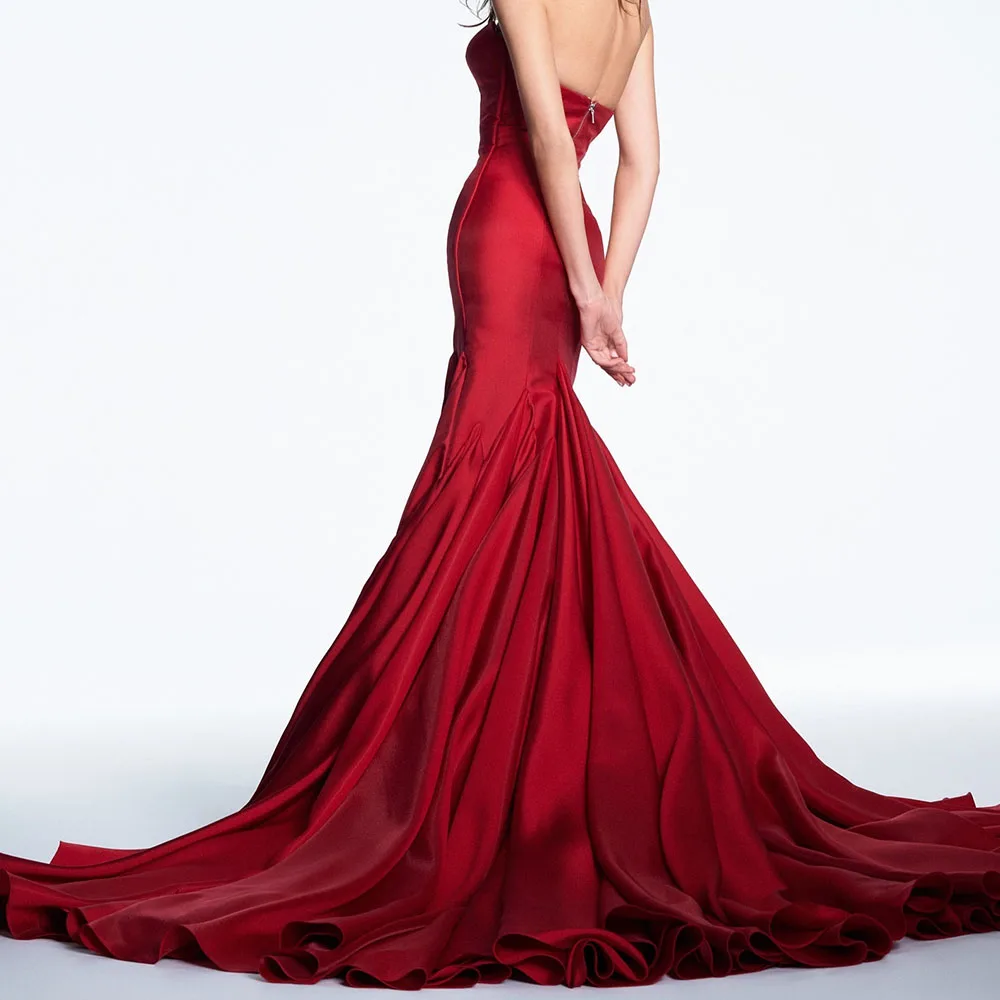 Customized Delicate Jersey A-Line Evening Dress Strapless Zipper Back Floor Length Sleeveless  Burgundy Panel Train Prom Gowns