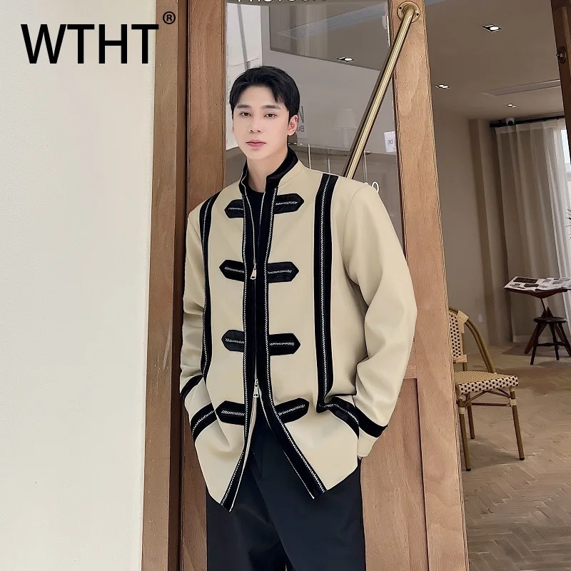 WTHT Trendy Men's Spliced Contrast Color Striped Design Coats Fashion 2025 Autumn Stand Collar Long Sleeves Jackets Male 2A1962