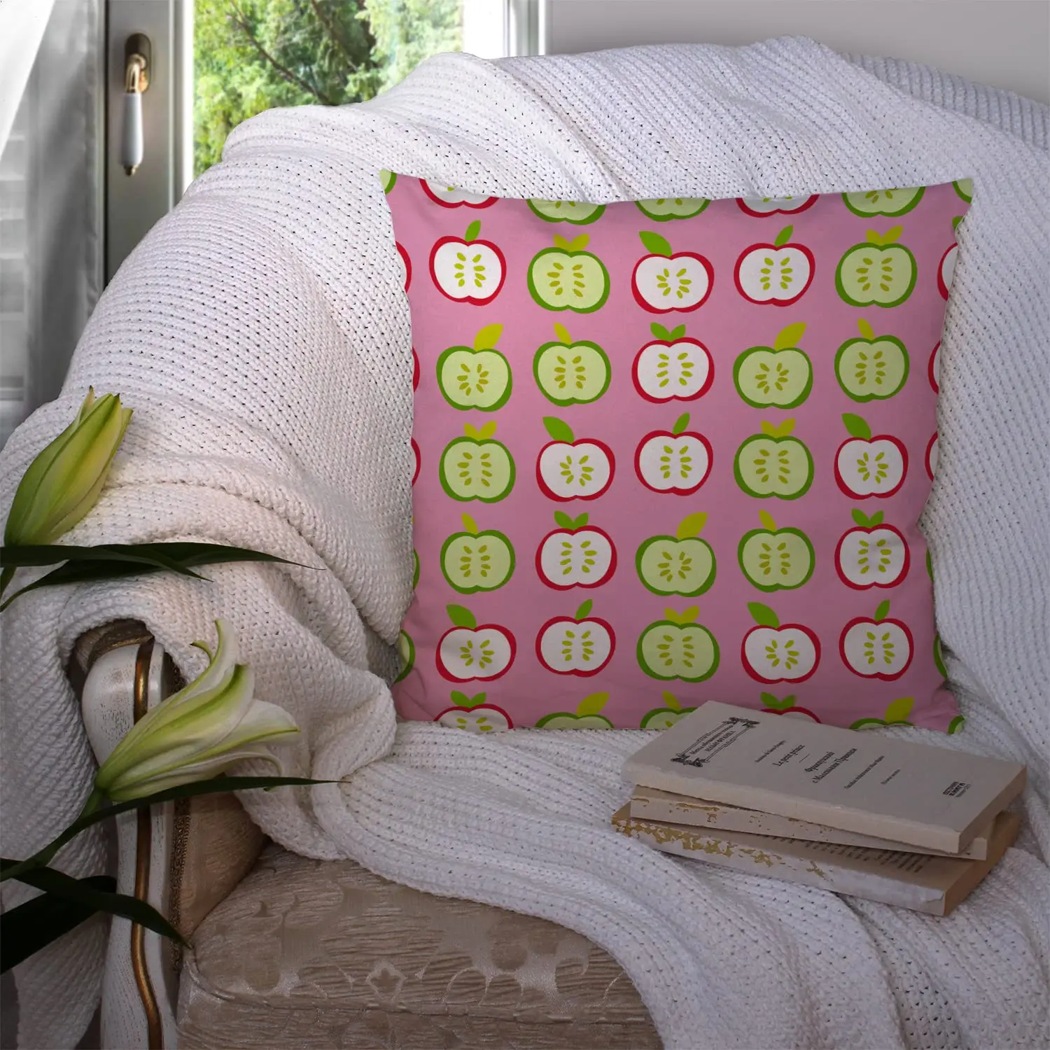 1pc 2D Flat (Pillow Not Included) Pink Apple Pattern Cute Fruit Cushion Cover Short Plush Playful Kitchen Decor Throw PillowCase