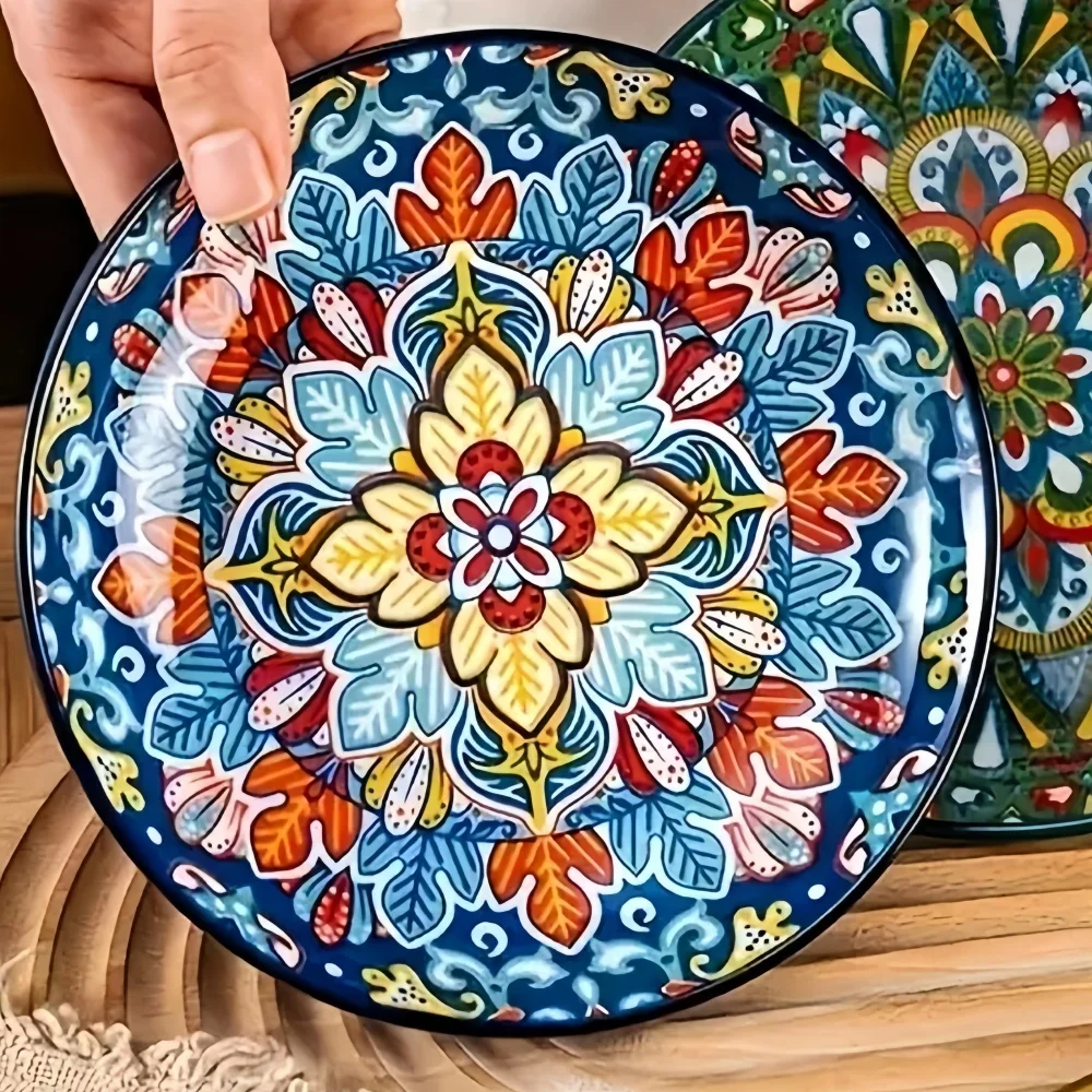 Hand-painted Bohemian Ceramic Plate Home Creative Western Food Plate Fruit Plate Low Side Round Plate Oven Microwave Safe to Use