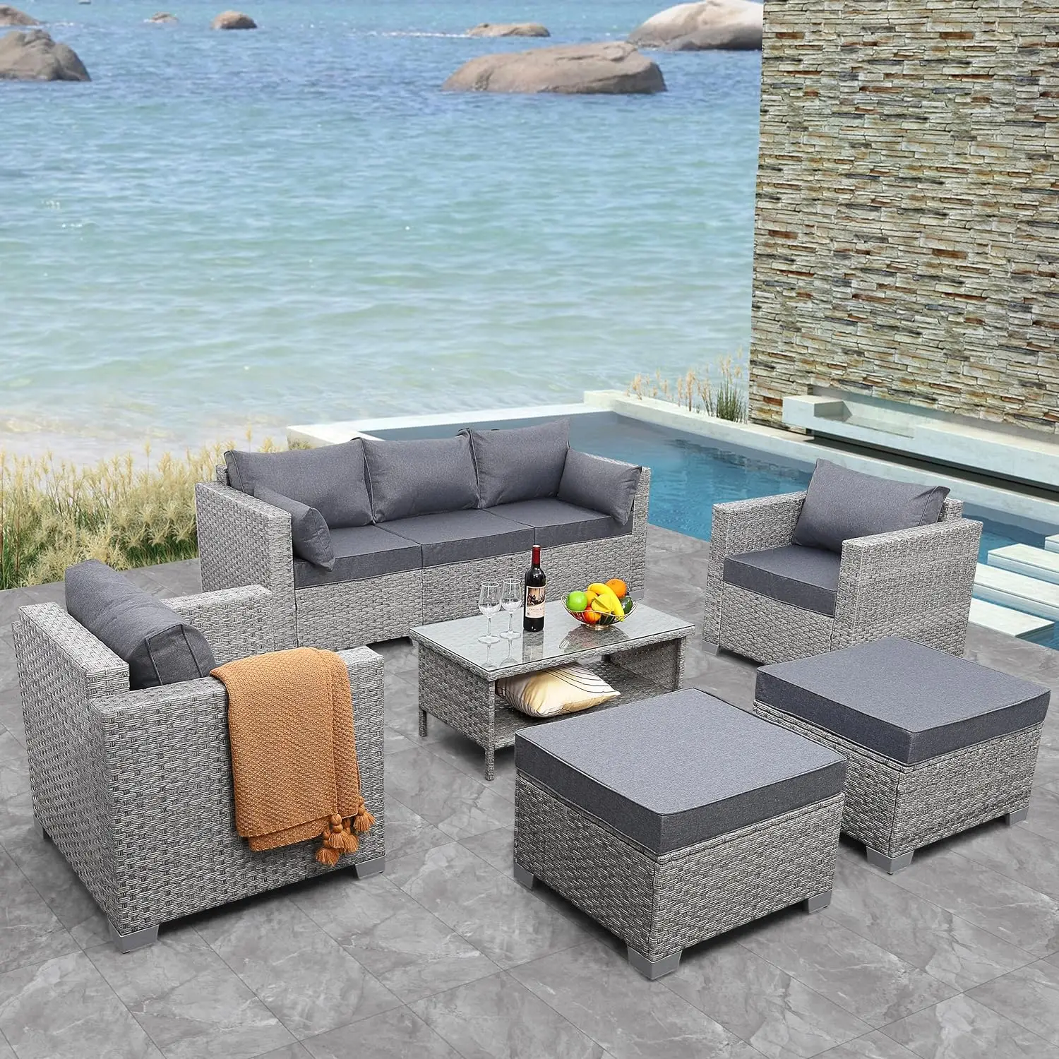 

Patio Furniture Set 6 Piece Outdoor Patio Set Grey Wicker Balcony Furniture Conversation Sets PE Rattan Couch Sofa with Table