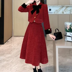 Fall Small Fragrance Vintage Two Piece Set Women Crop Top Short Jacket Bow Coat + Heigh Waist A-Line Skirts Sets 2 Piece Suits