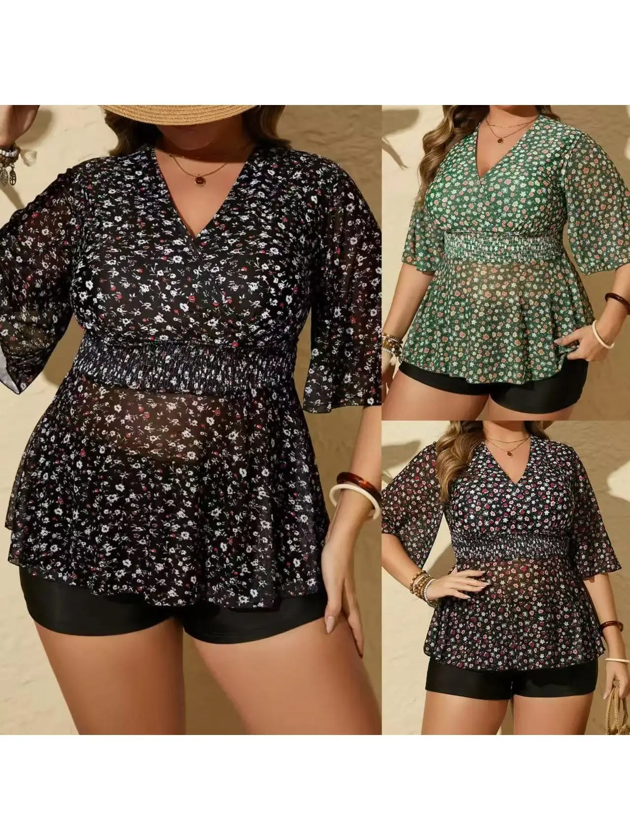 

Floral Print plus Size Women's Two Piece Bikini Swimsuit Triangular Design with Chest Pad No Steel Support Polyester Material