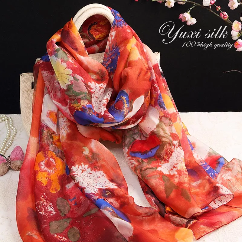 

High Quality Red Flower 100% Silk Long Scarf Shawl Women's Spring, Autumn and Winter Summer