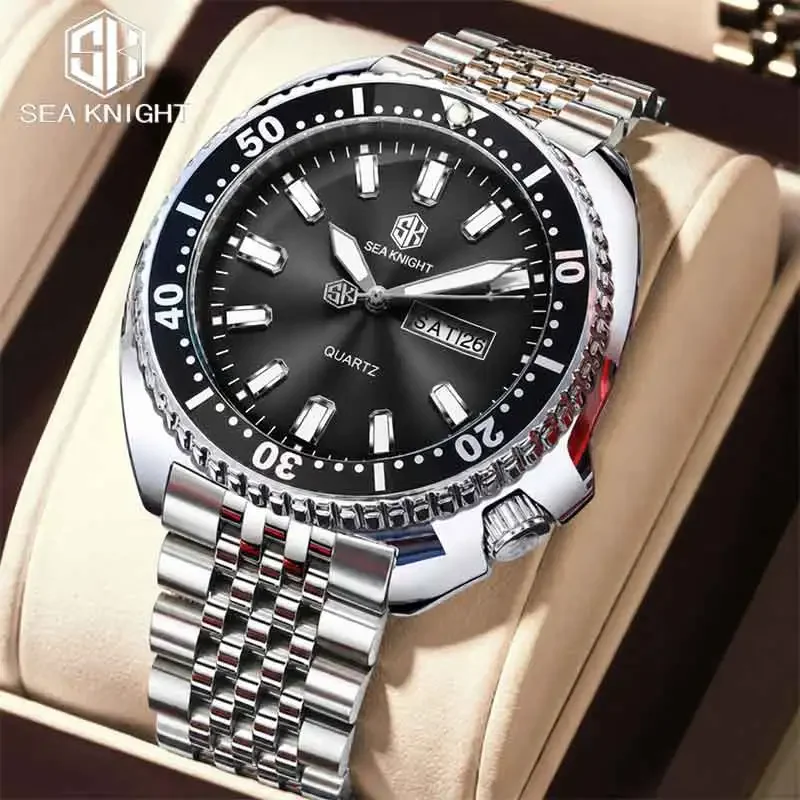 SEA KNIGHT Top Classic Man Business Watch Fashion Rotatable Bezel Luminous Date Week Display 3Bar Waterproof Quartz Watch