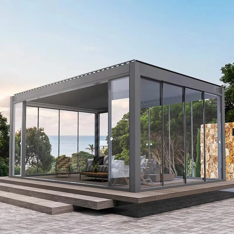 

Motorized Pergola En Aluminum Bioclimatic Gazebo with LED Lights Louvered Roof Glass Sliding Doors Patio Gazebo Pergola