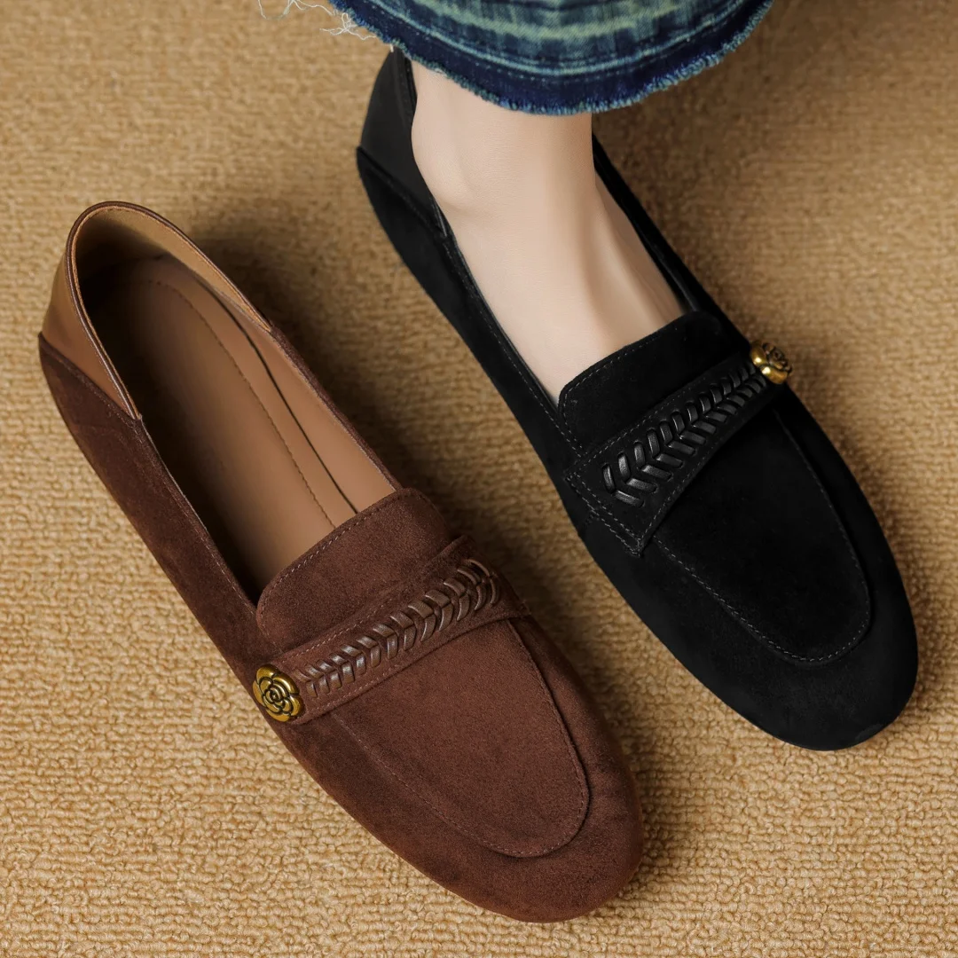 

Women's natural suede leather round toe metal buckle slip-on flats loafers high quality soft comfortable casual moccasins shoes