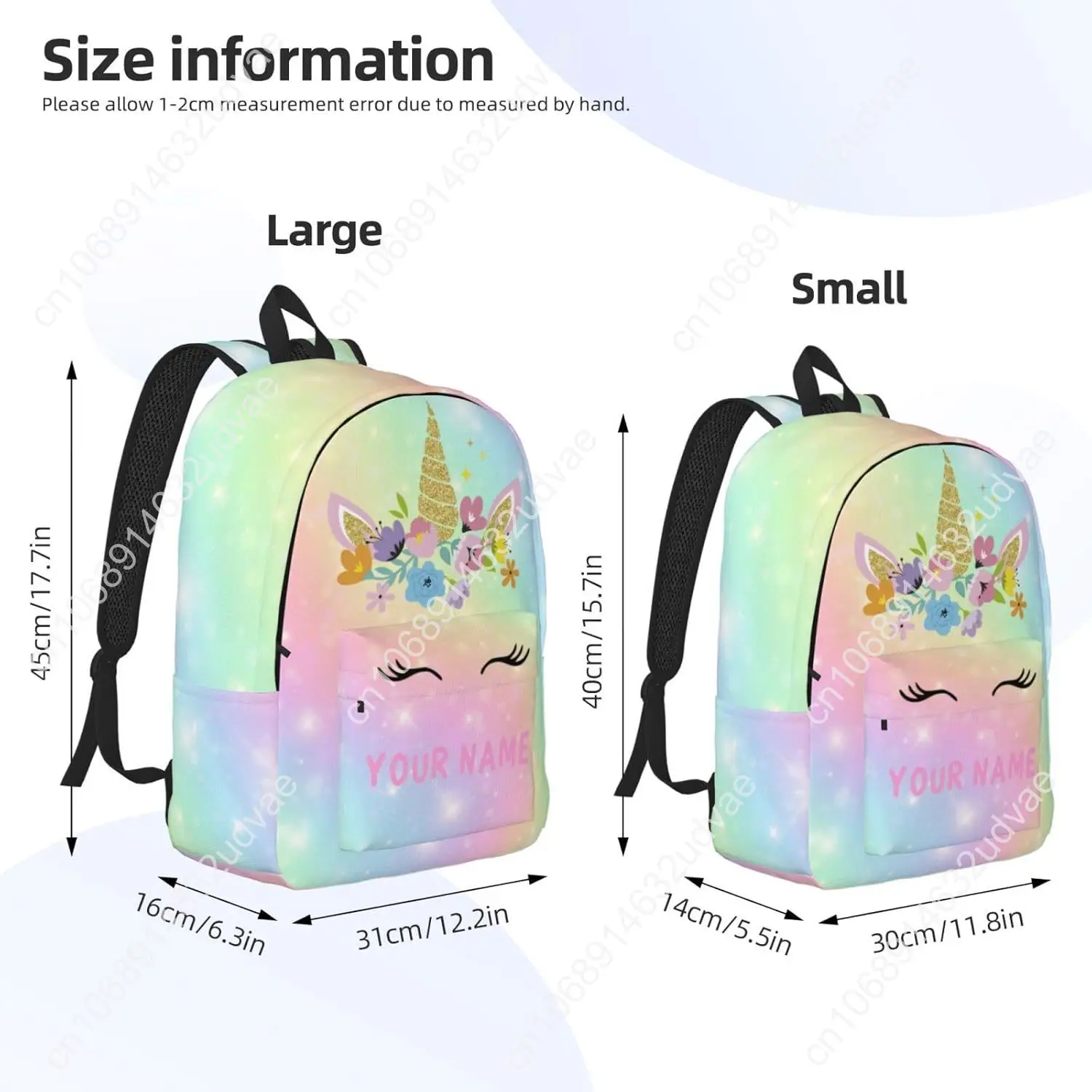 Unicorn Backpack for Girls Boys, Customized with Name, 15in