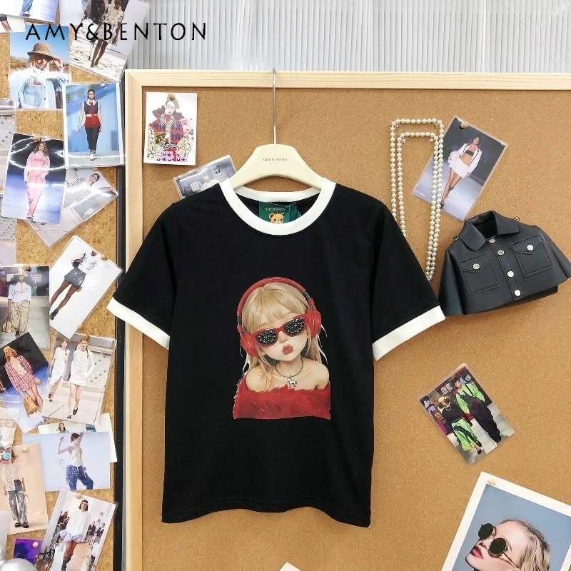 

Retro Contrast Edge Pullover Heavy Diamond Studded Figure Print Black Short Sleeves T Shirt Sweet Girl Casual Chic Ladies Tees