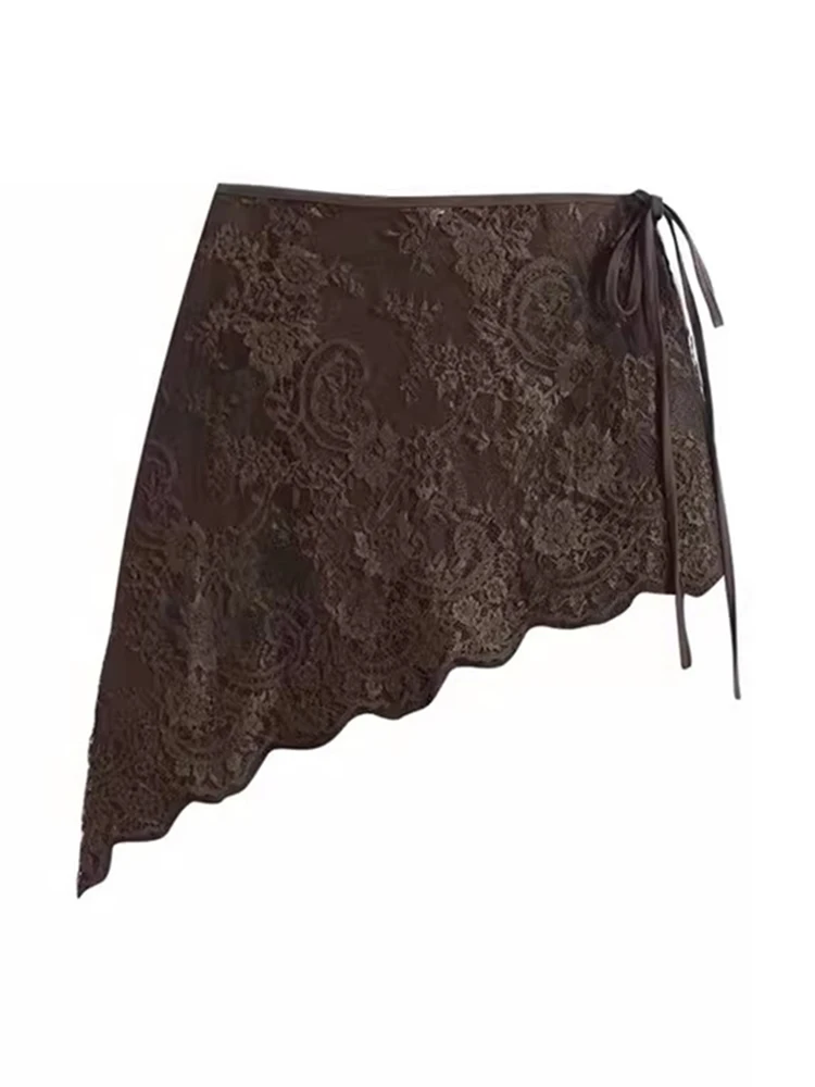 Cafe Color Irregular Lace Butt Curtain Women's Autumn Winter  Belted Apron Overlap Short Skirt Cover up High Waist