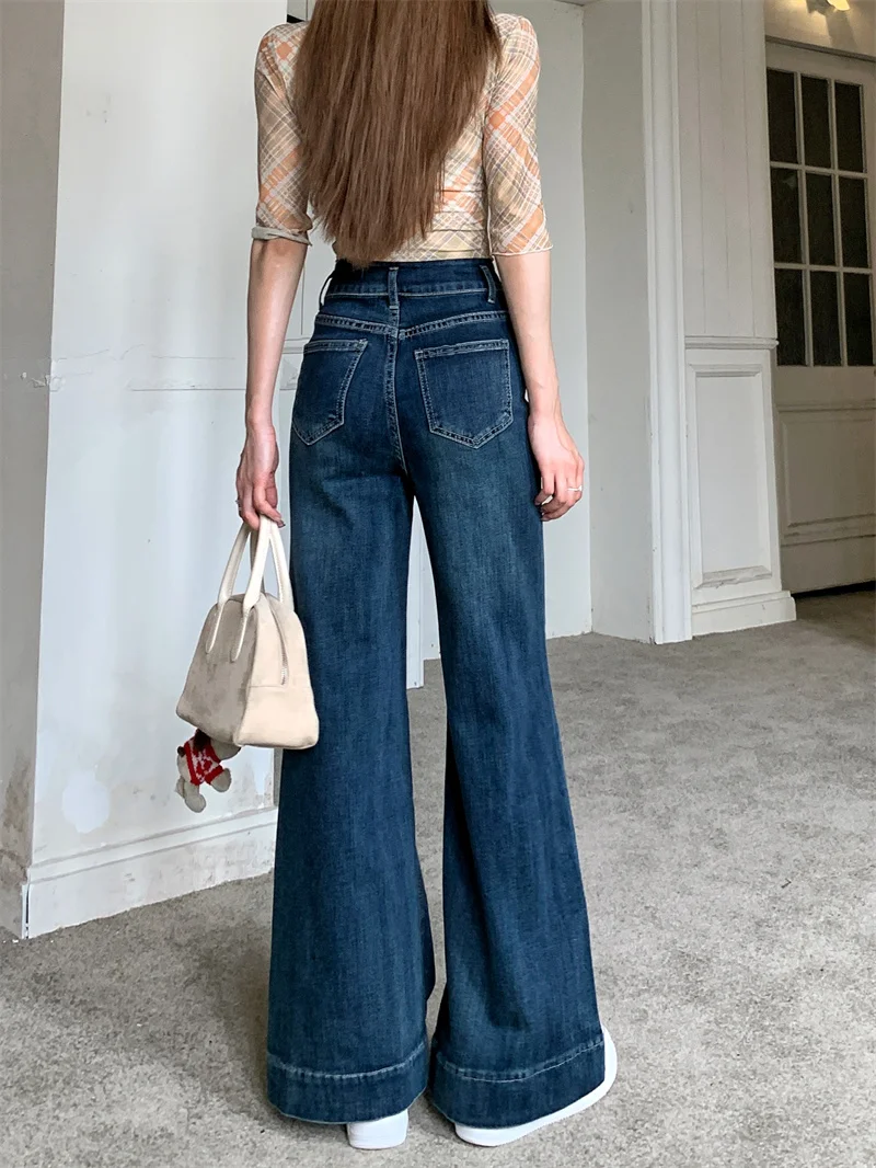 Korean-style spring and autumn high-waisted wide-leg flared jeans for women vintage dark blue washed hip-concealing slimming cuffed floor-length pants
