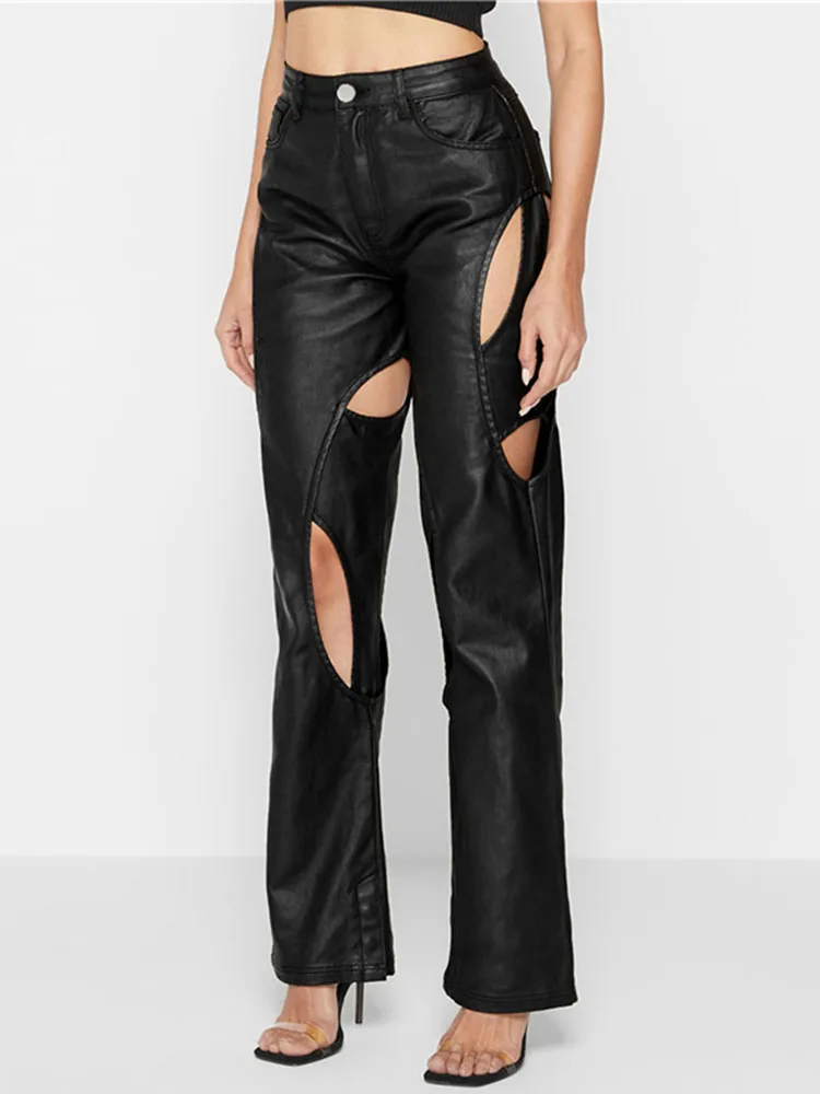 Pantalon en cuir noir ajouré à fermeture éclair pour femmes, vêtements taille haute, droit, Mujer Streetwear, Silm Fit, à la mode