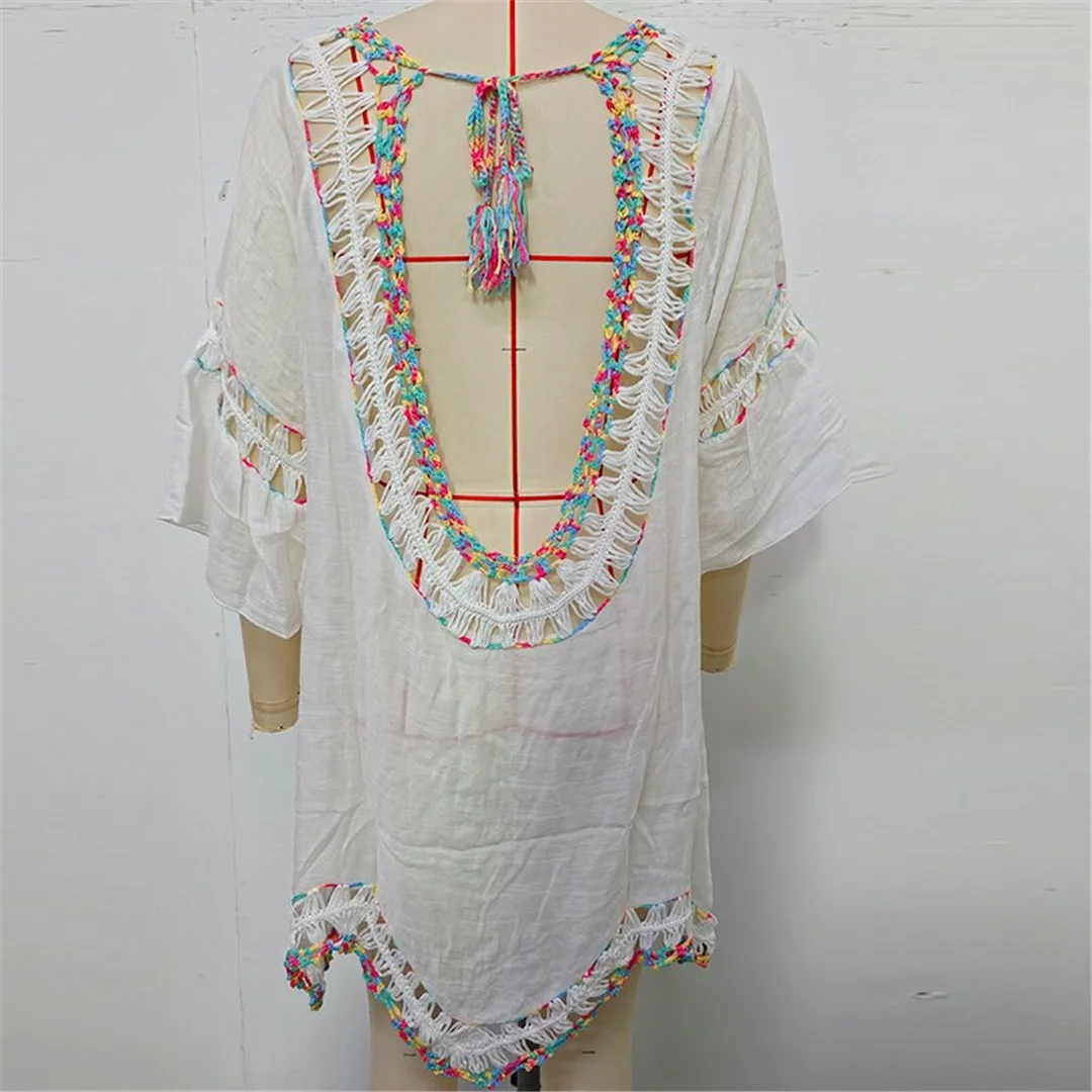 Buntes, halbärmeliges, rückenfreies, gehäkeltes, gestricktes Tunika-Strandkleid, Strandmode, Damen-Strandkleid, Strand-Cover-up, Damen-Cover-ups V7537 – Detail 14