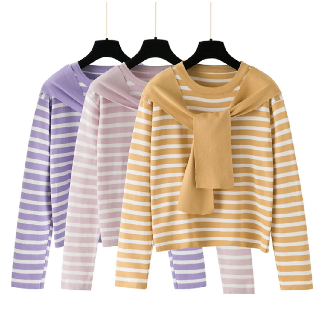 Women's Shoulder Wrap Stripe Knitted Tops Color Block Sweater O-Neck Long Sleeve Casual Preppy Style Autumn Fashion Outwear New