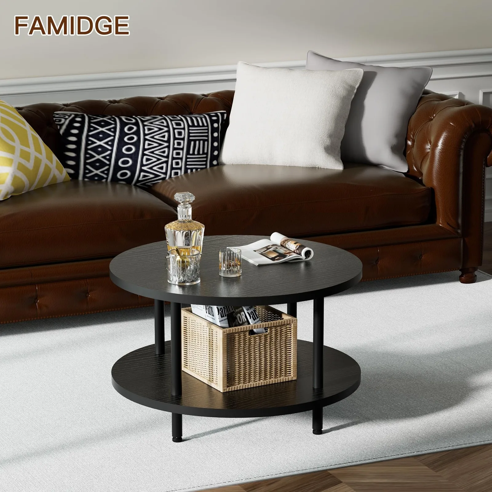 طاولات المقهى طاولة القهوة المستديرة 23.6 بوصة طبقتين طاولة غرفة المعيشة الخشبية تصميم حديث لديكور المنزل #4