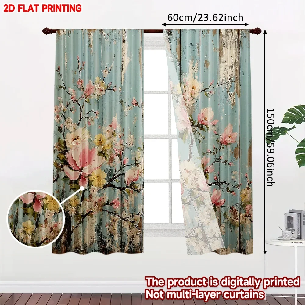 2pcs Blue Green Floral Curtains , Pink Yellow Blossoms with Leaf Stems on Light Background for Cozy Bedroom Decor