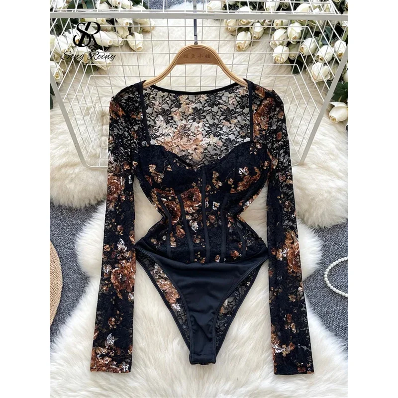 

SINGREINY кружево с цветочным принтом сексуальное боди женский квадратный воротник с длинными рукавами базовый тонкий комбинезон европейский тонкий прозрачный чувственный комбинезон