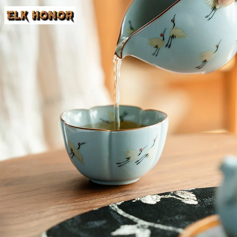 80ml Ru Kiln Return Of The Crane Petal Teacup Aesthetic Tea Bowl Cute Cup Tea-tasting Meditation Cup Jianzhan Master Cups Cafes