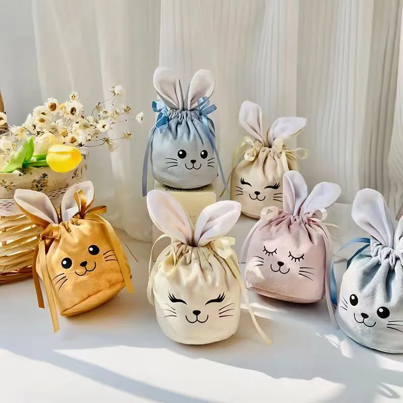 12-36Pcs Easter Bunny Bags,Bunny Themed Party Bag,Rabbit Ears Velvet Bag Gift Bag,Sugar Egg Wedding Candy Box,Cute Easter Decor