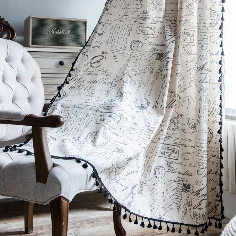 American Style Letter Printing Black Tassel Curtain Cotton Linen Living Room Bedroom Kitchen Semi-shading Curtains Single Piece