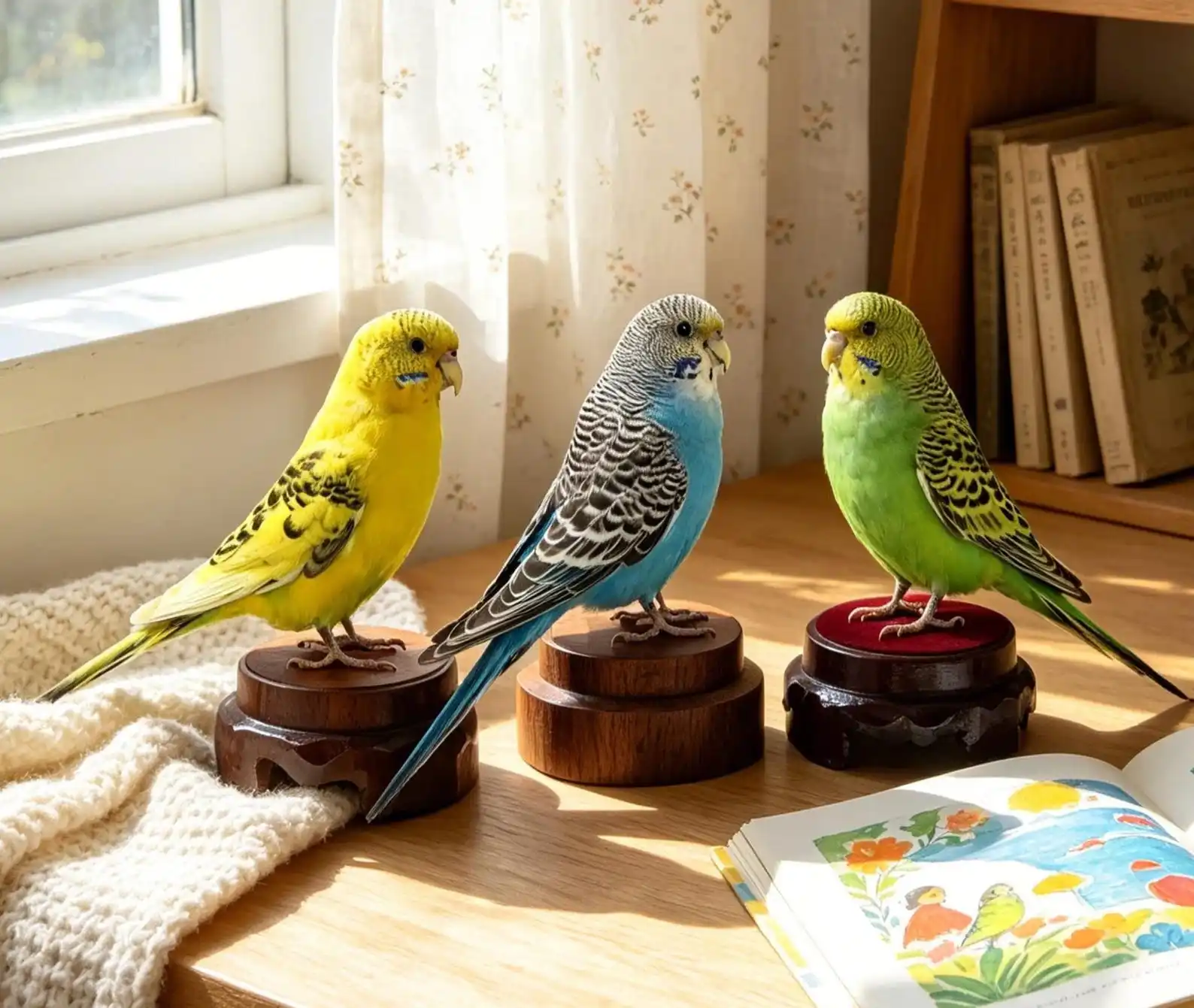 Genuine Budgerigar Specimen, Long-tailed Parakeet Ornament, Spread-Winged Bird Art Piece, Rustic-Style Desk Décor