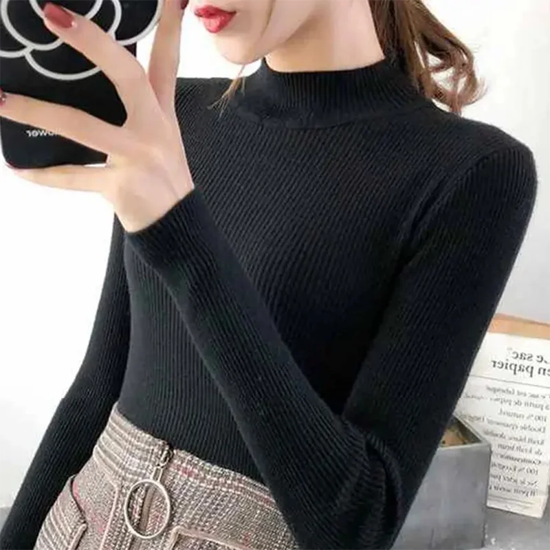 Sweater rajut wanita, baju hangat sederhana untuk musim gugur dan musim dingin dengan dasar Solid rajut kasual Slim-fit Pullover