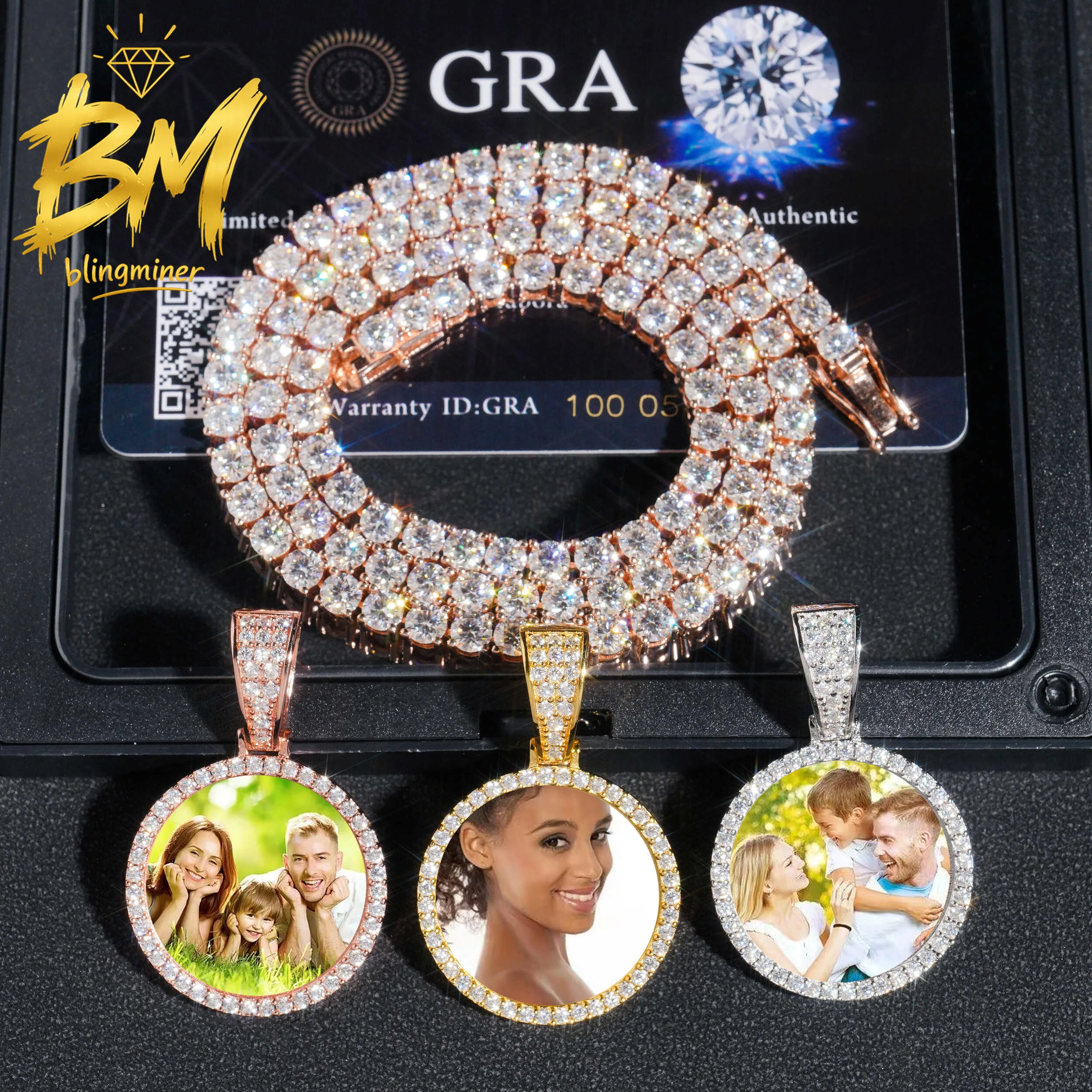 Blingminer 25MM Memory Photo VVS Moissanite Pendant For Men Women S925 Silver Pendants Pass Diamonds Tester Free Shipping