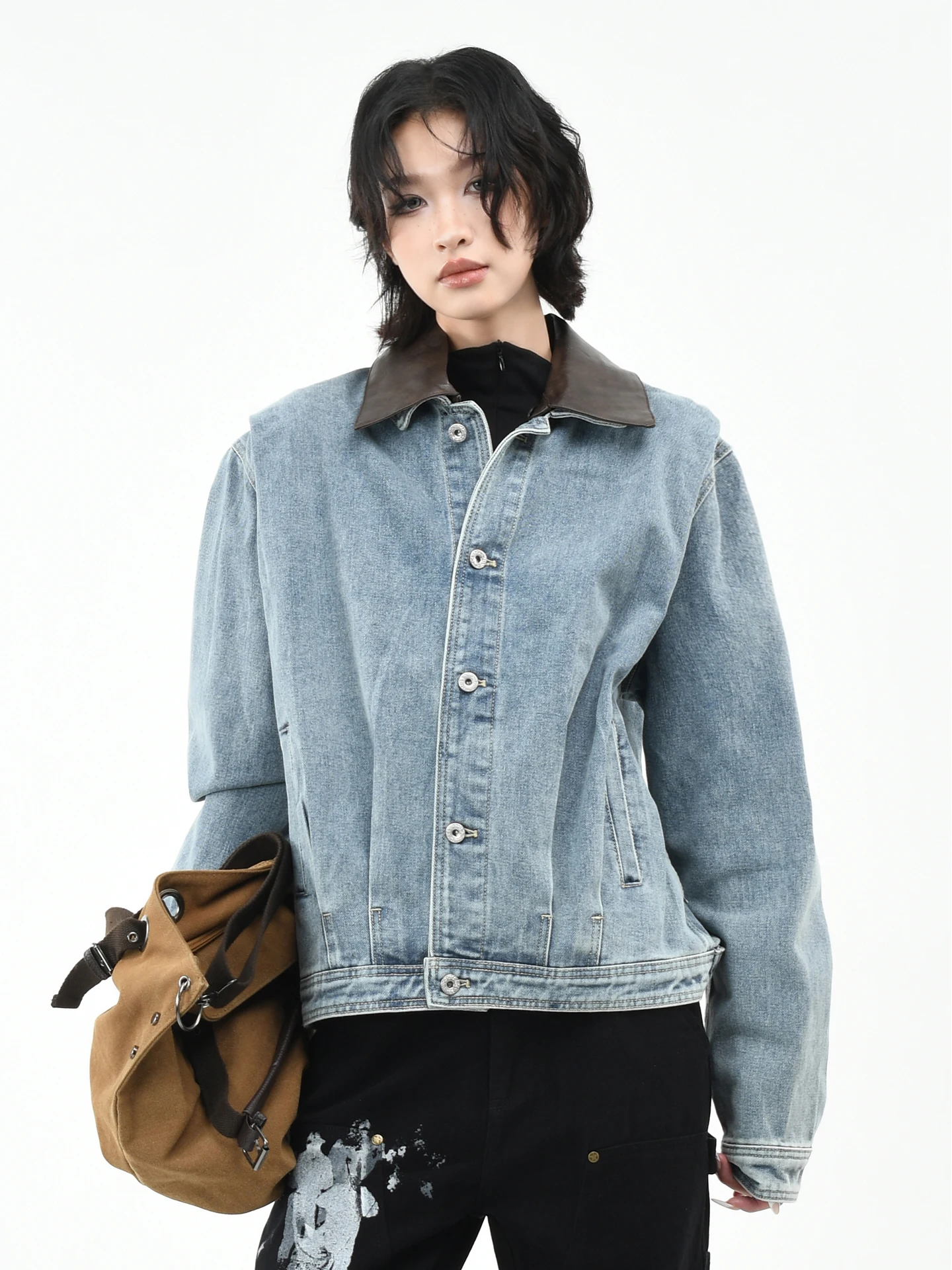 

Оригинальная американская джинсовая куртка OV с плиссированным кожаным воротником, свободного кроя, в уличном стиле, весенняя, крутая куртка