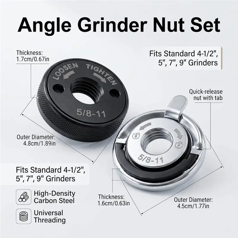 A02F-5/8-11 Angle Grinder Flange Nuts No Wrench Required Quick Release Locking Kit D-Ring Knurled Arbor Nut
