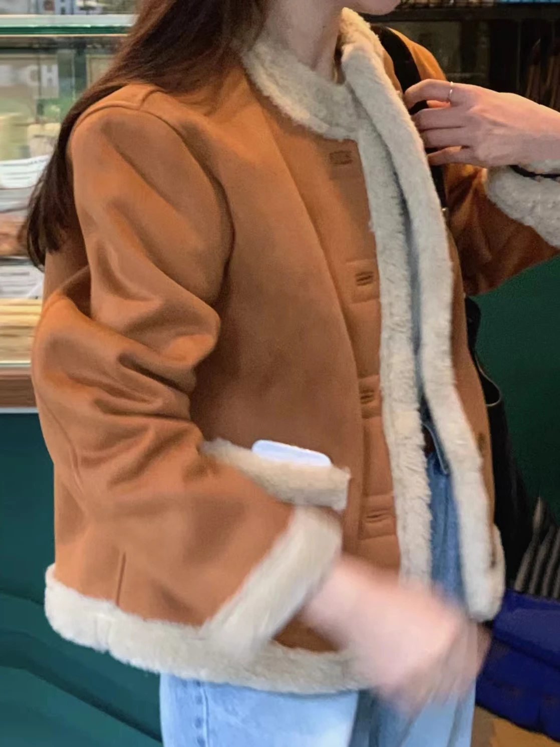 Faionable على الوجهين ارتداء فرو الضأن Jaet المرأة الكورية Sle الرجعية الجولة Ne زر واحد ثي معطف دافئ طويل Sve