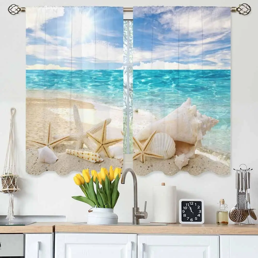 Beach Seascape Kitchen Curtains Starfish Sea Shells Beach and Sunny Sky Short Tier Curtains for Bathroom Cafe Small Window