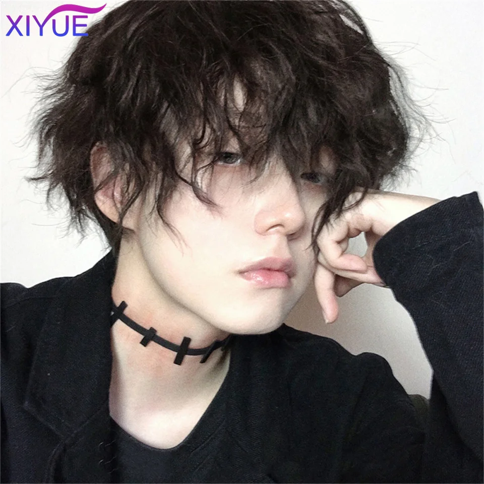 XIYUE Synthetic Short Curly Hair Wigs For Men Boy Costume Cosplay Party Natural Black Heat Resistant Fake Hair