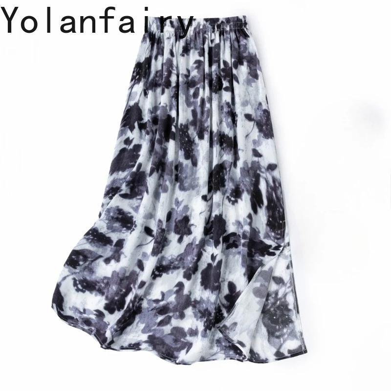 

YOLANFAIRY New Fashion 100% Real Mulberry Silk Skirts Women Summer 2026 Elastic Waist Ink Flower Skirt Woman Split Long Skirts