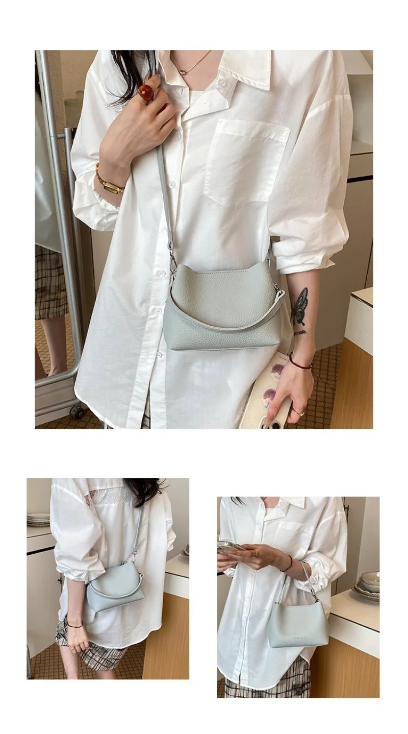 CEEKAY Minimalistische Mini-Eimertasche aus genarbtem, lederähnlichem Leder mit Aufdruck, leicht und tragbar, als Umhängetasche oder Schultertasche für Kaffeebraun – Detail 2