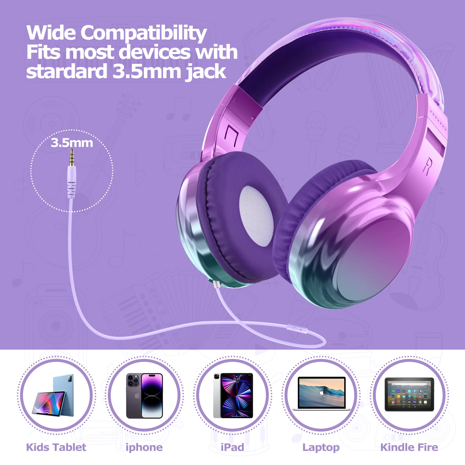 Auriculares con cable degradado para niños con micrófono, auriculares para niñas, auriculares estéreo ajustables para juegos de música, auriculares ligeros, regalos para niños