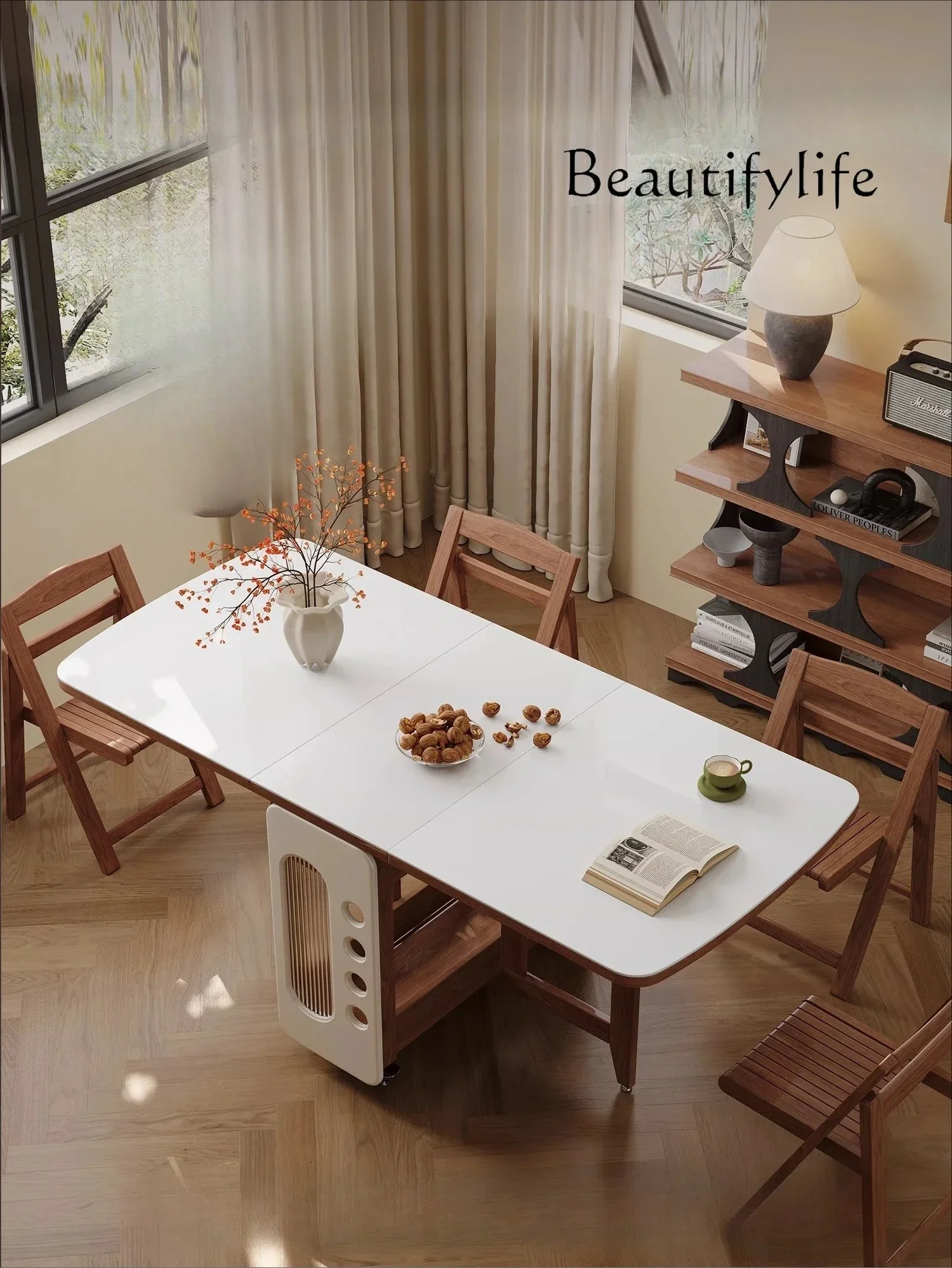 

Solid wood folding rock slab dining table Small multi-functional household telescopic rectangular mobile dining table