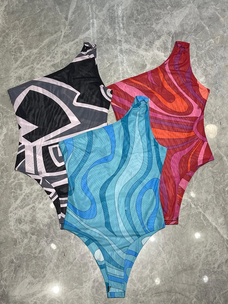 2026 Summer Women's Clothing Retro Geometric Print Mesh Slanted Shoulder Tights Fashion Versatile One-shoulder Vest Jumpsuit