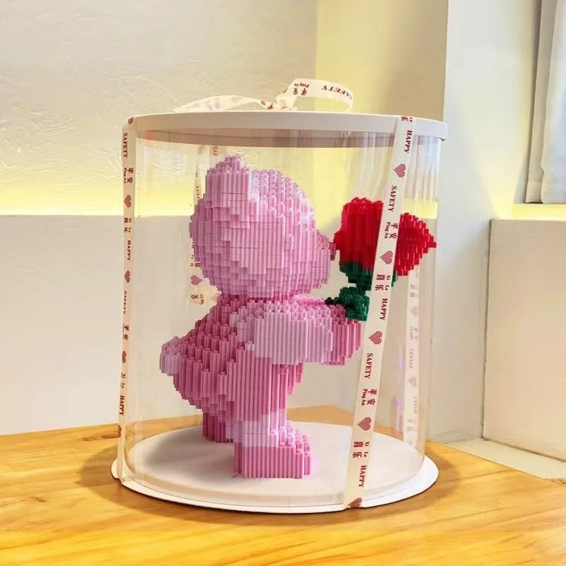 Lovely Pink Flower Teddy Bear Building Block Set, Cartoon Assembly Figure, Stylish Desktop Decor, Thoughtful Gift for Couples