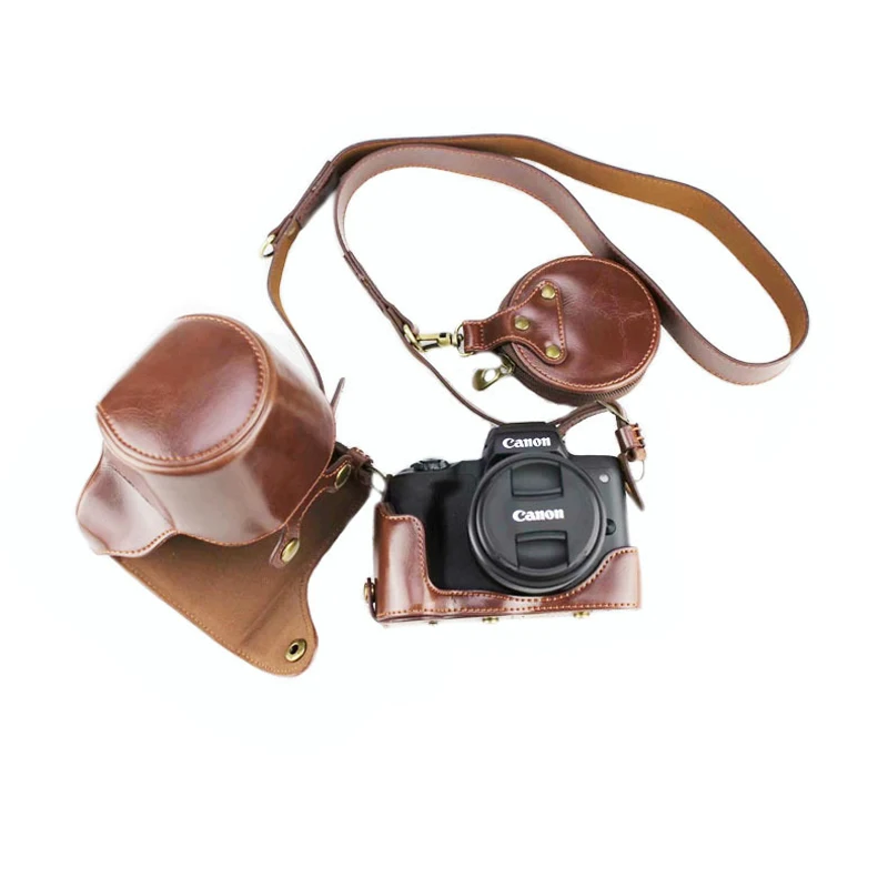 Luxury PU Leather Camera Case Bag Full Body Protector for Canon EOS M50 M50 Mark II M50II 15-45mm Lens Protective Cover + Strap