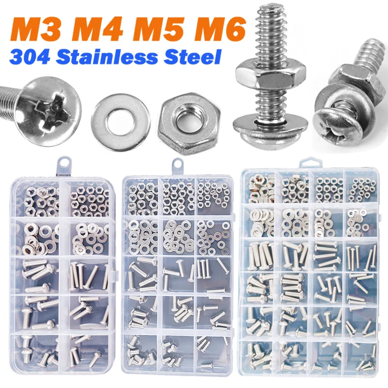 Screws Washer and Nut Assortment Kit，M3 M4 M5 M6 304 Stainless Steel Phillips Pan Head Machine Screw Sets for 3D Printer DIY