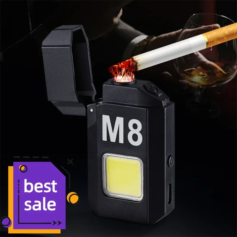 COB LED Fluorescent Lamp with Lighter Dual Arc Pulse Flameless Rechargeable Cigarette Lighter Mini Lamp Men's Gift