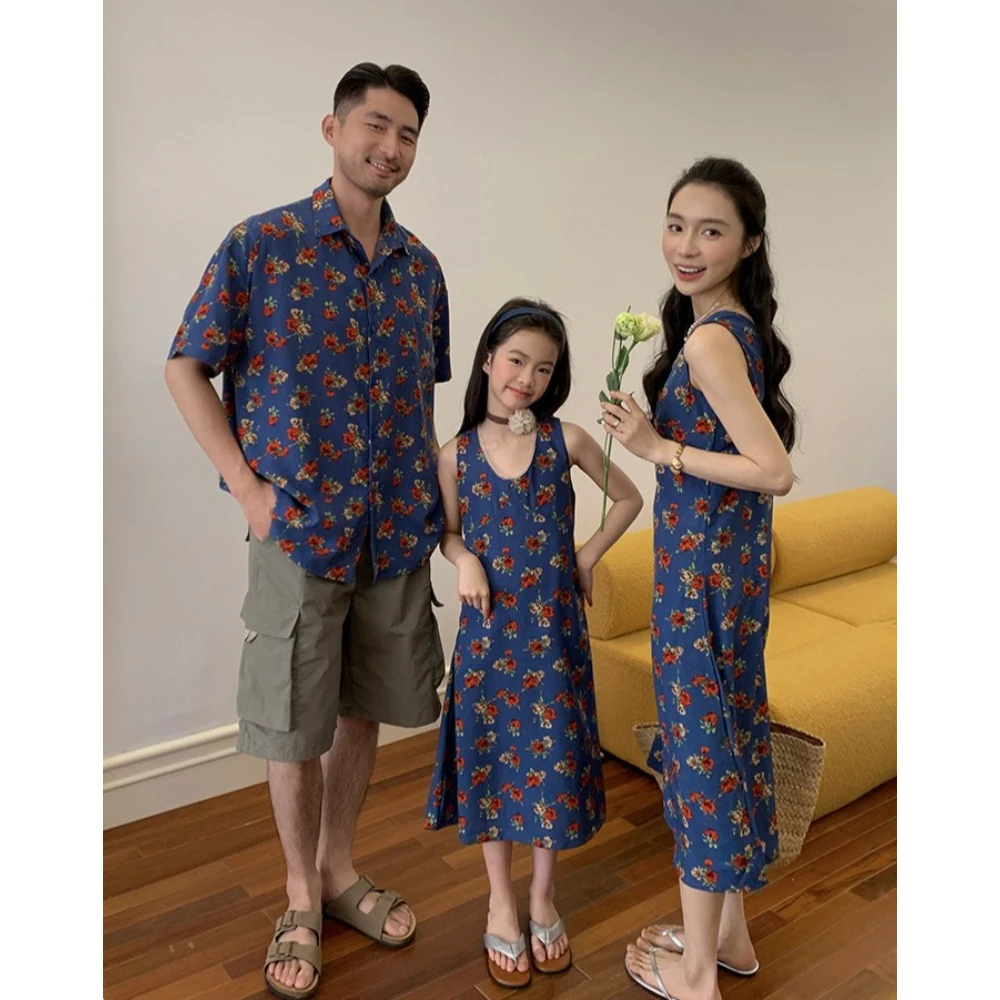 Summer French Retro Floral Family Matching Outfits Mom Daughter Floral Dress Dad Son Shirt Vacation Family Look for 3-4 People