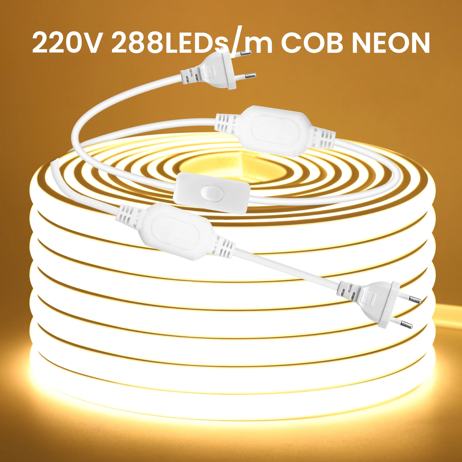 Waterproof COB LED Strip 220V Neon Rope Light with ON/OFF Switch High Density 288LEDs/m Flexible Tape for Home Garden Decor