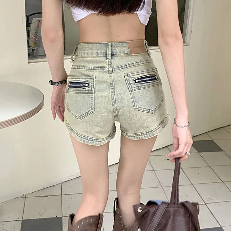 

Летние женские джинсовые шорты с высокой талией, облегающие, тонкие, повседневные, модные, однотонные, в стиле ретро, дизайнерские, ультракороткие