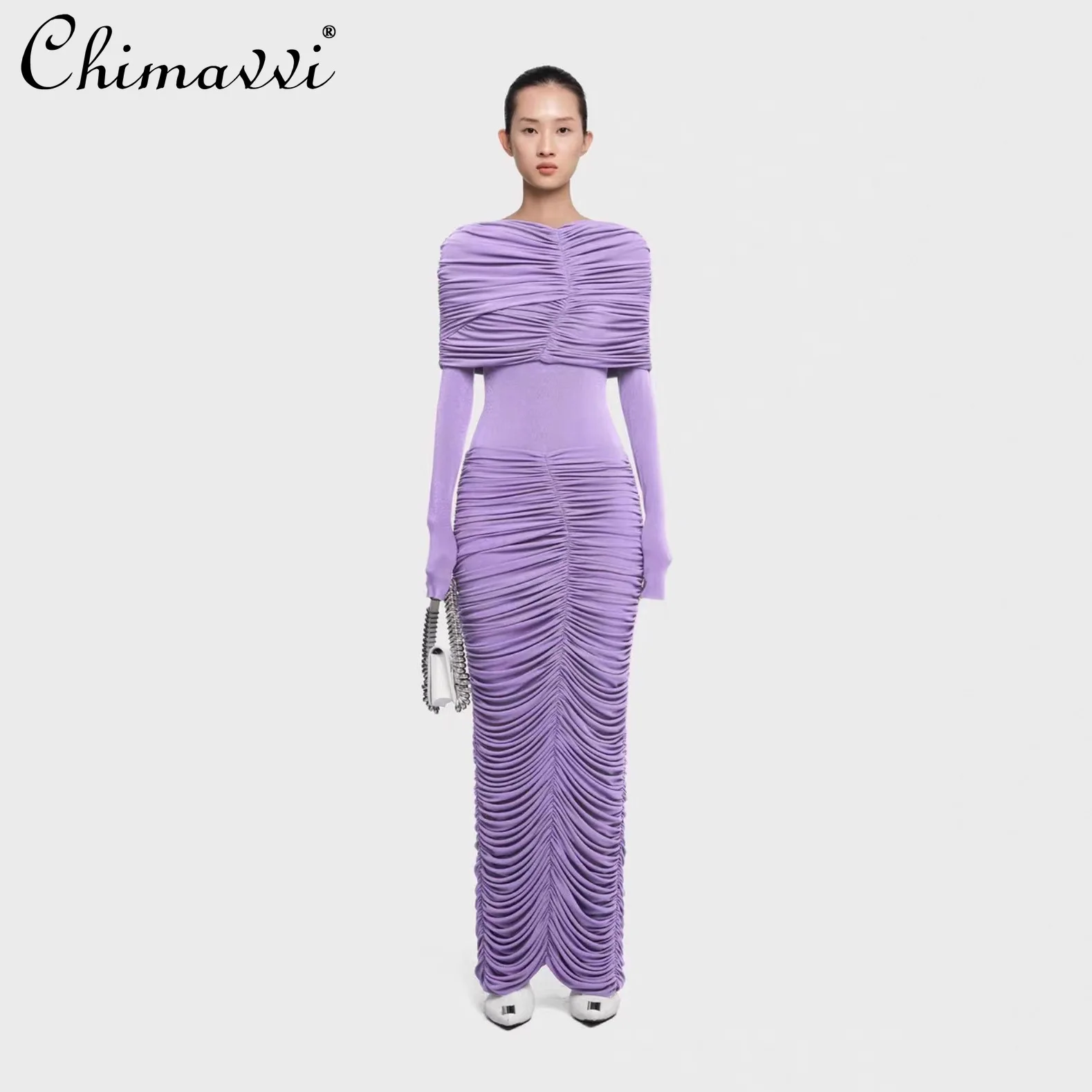 Robe plissée à manches longues pour femmes, haut de gamme, mode automne et hiver, élégante, coupe cintrée, moulante, robes longues de soirée, nouvelle collection 2025